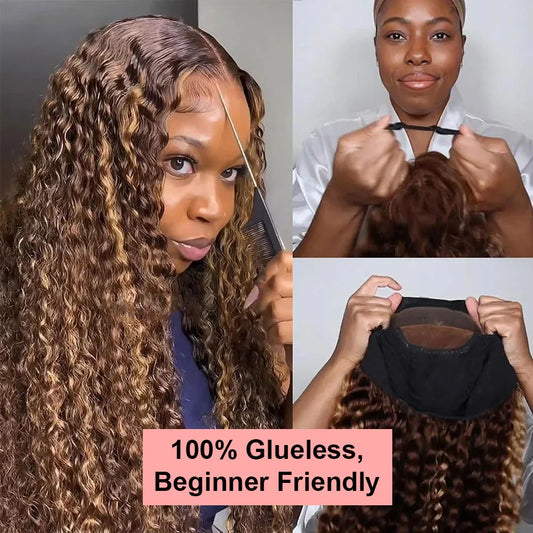 Ombre Curly Highlight Wig Human Hair Preplucked 7x5 Lace Closure Glueless Wigs Human Hair Deep Wave Ready To Wear For Women