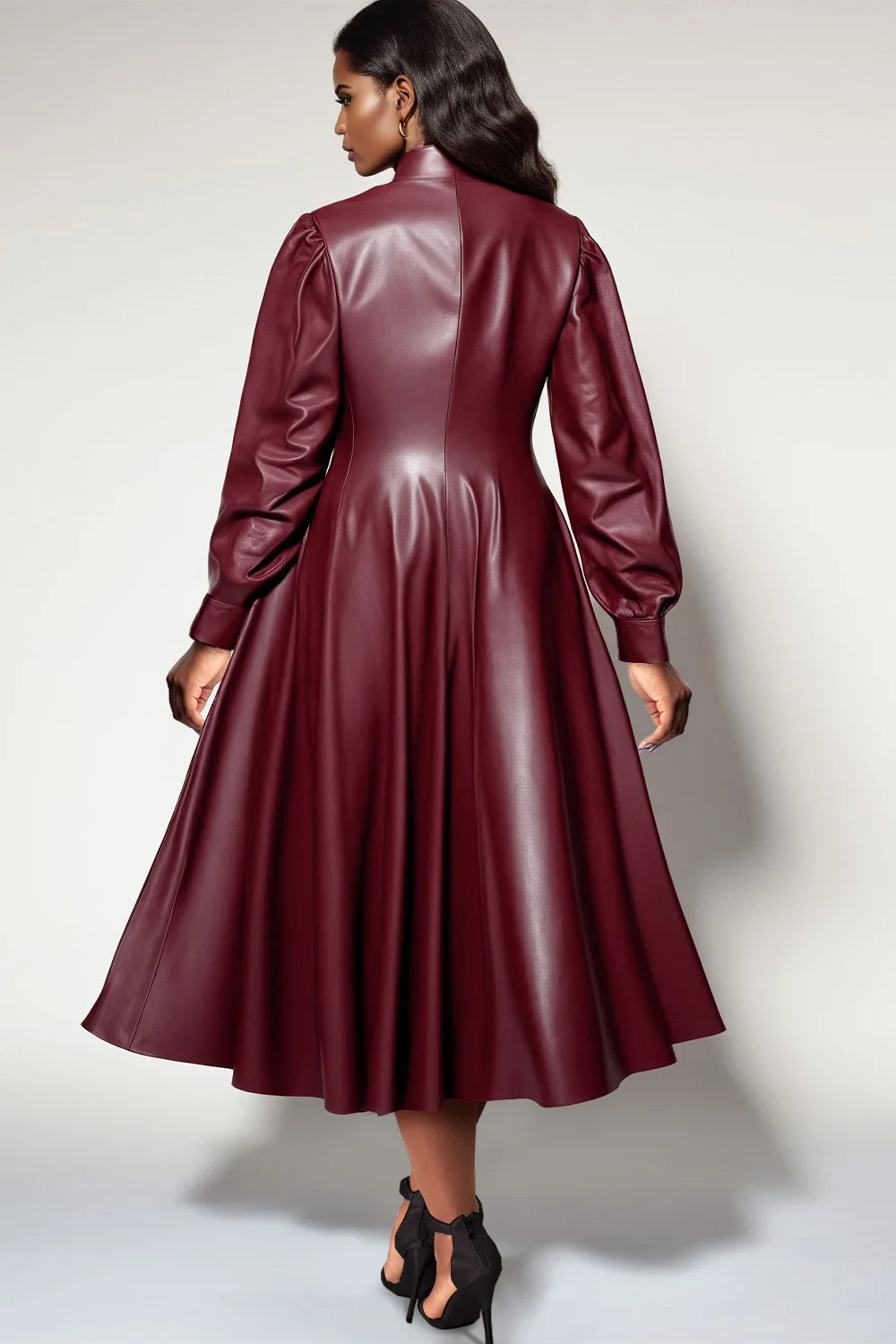 Plus Size Cocktail Party Burgundy Mock Neck Lantern Sleeve Long Sleeve PU Leather Midi Dresses