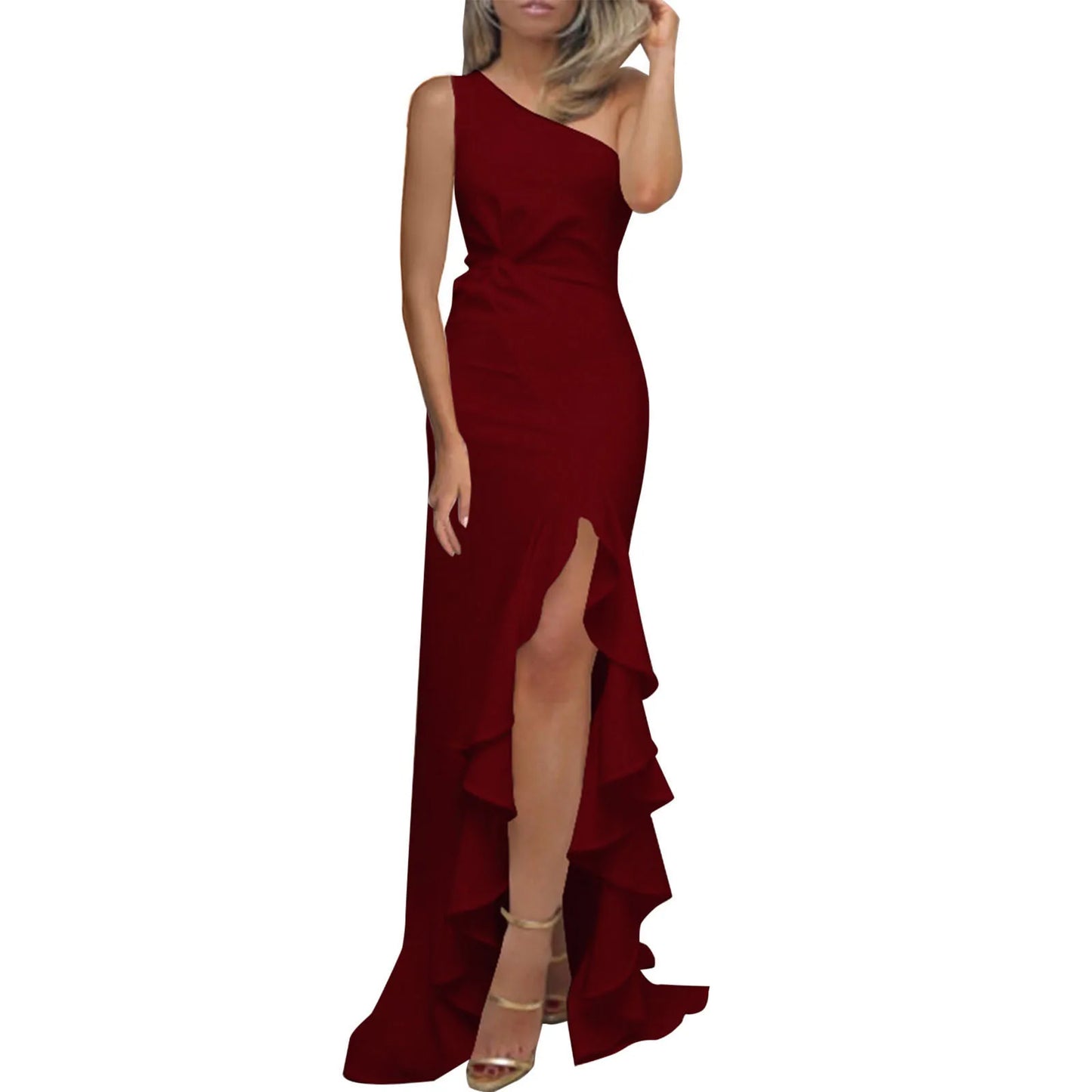 2024 New Women's White Graduation Prom Dress Sexy Irregular Ruffles Slit Long Party Dresses Ladies Sleeveless Evening Midi Robes