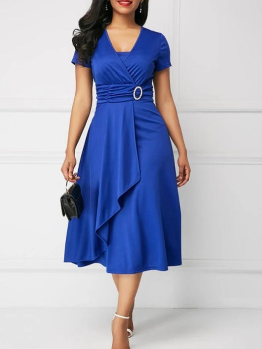 Women Elegant Dress Solid Color Short Sleeve V Neck Midi Dresses