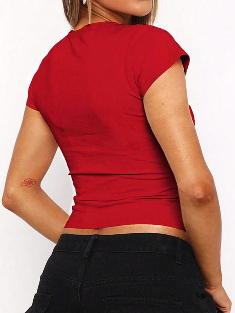 Sexy Women's T-shirt Solid New Summer Streetwear Fashion O-Neck Short Sleeve Top Simple Basic Versatile Lady Casual Slim T-shirt