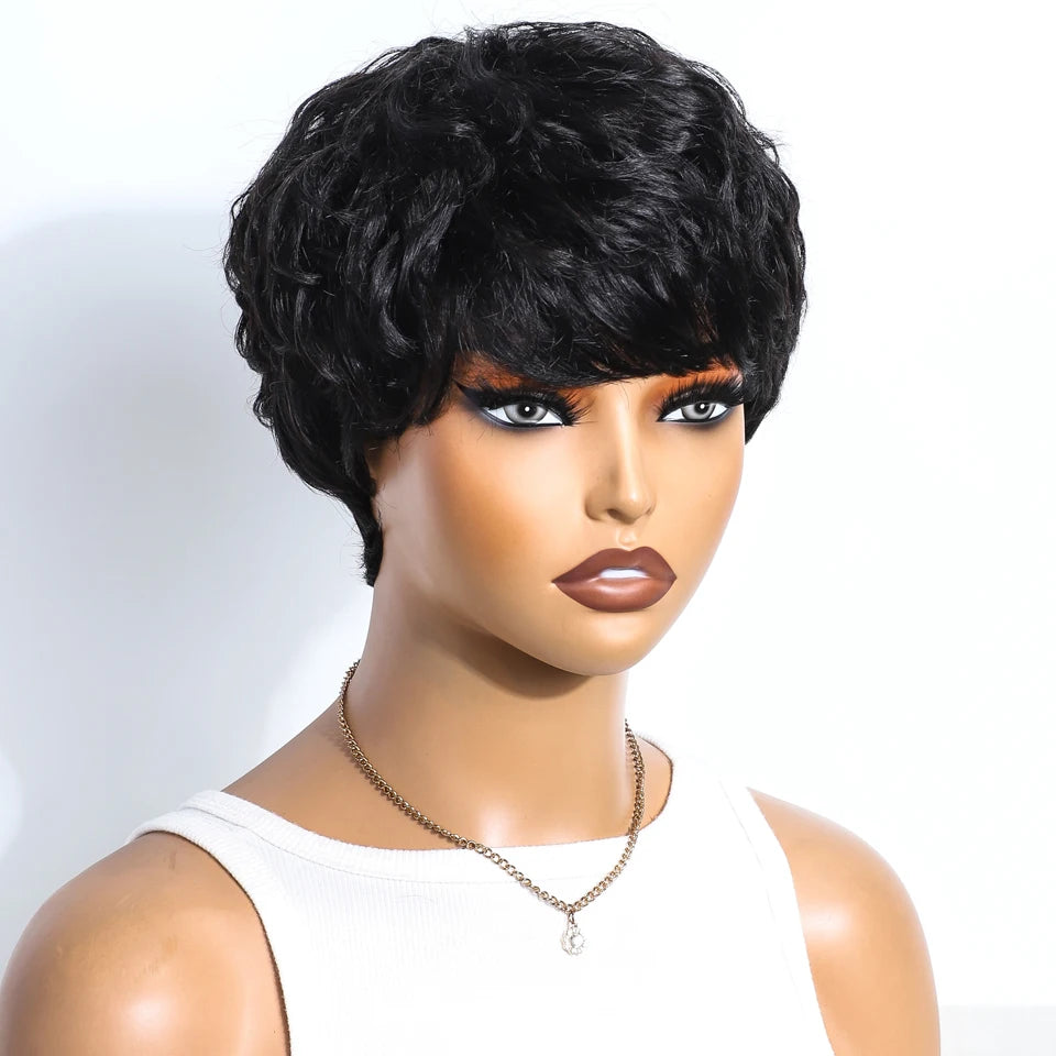 Natural Black Short Pixie Cut Curly 100% Human Hair Wig For Women Brazilian Remy Hair Colored Side Part Full Machine Wigs