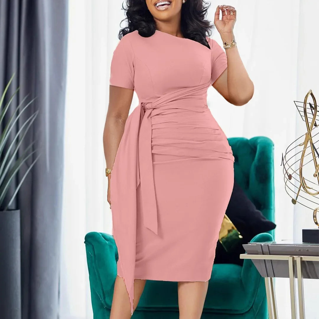 Women Dress Bodycon Dresses Round Neck Sleeveless Slim Sheath Pleated High Waist