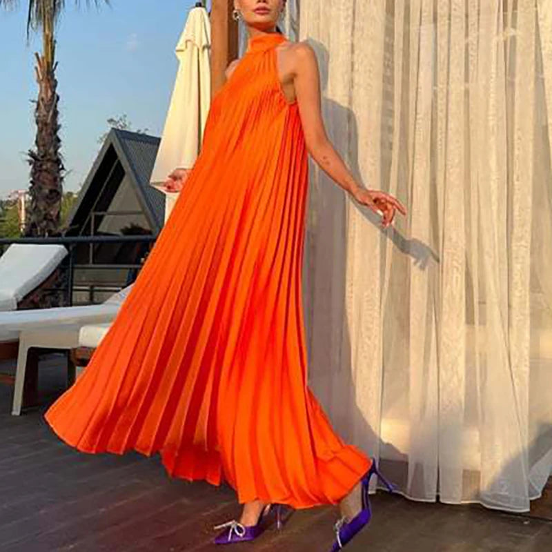 New 2025 Elegant Solid Swing Loose Party Dress Spring Female Halter Slim Banquet Long Dress Women Sexy Off Shoulder Gala Dress