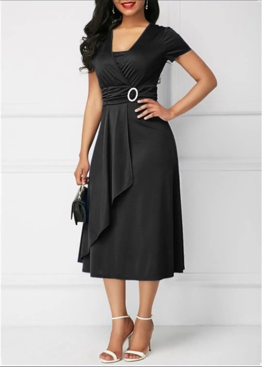 Women Elegant Dress Solid Color Short Sleeve V Neck Midi Dresses