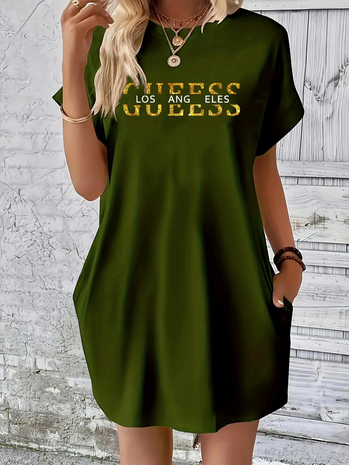 Women summer letter pattern print round neck short sleeved With pocket comfortable casual dress