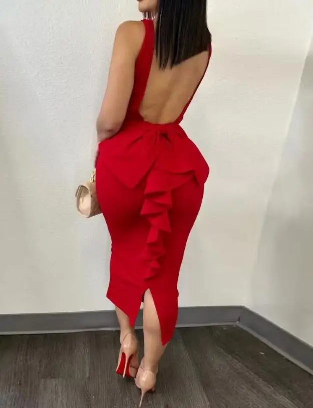 Women Elegant Dresses For Party Plunge Ruffle Hem Backless Party Dress Summer Spring Fashion Casual
