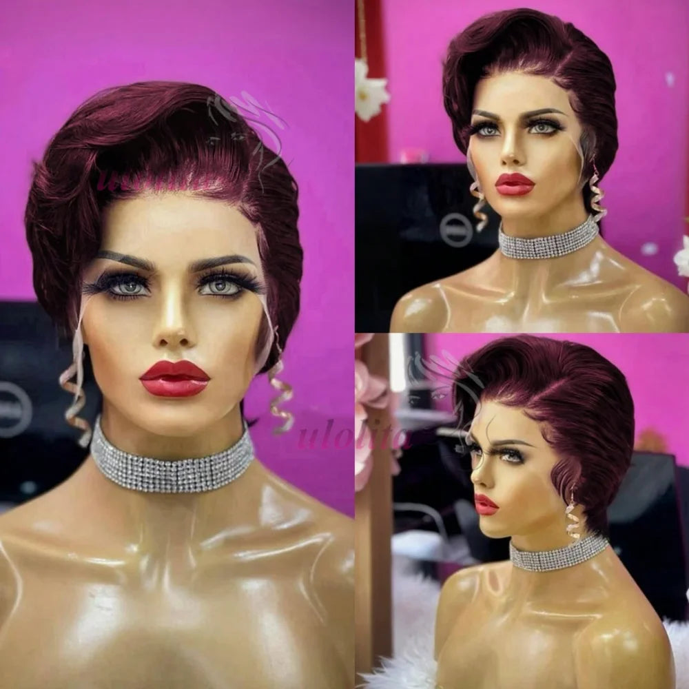 13x4 Short Bob Wig 100% Human Hair Wig Pixie Cut Colored 99J straight Lace Frontal Human Hair Wigs for Women 180% Density