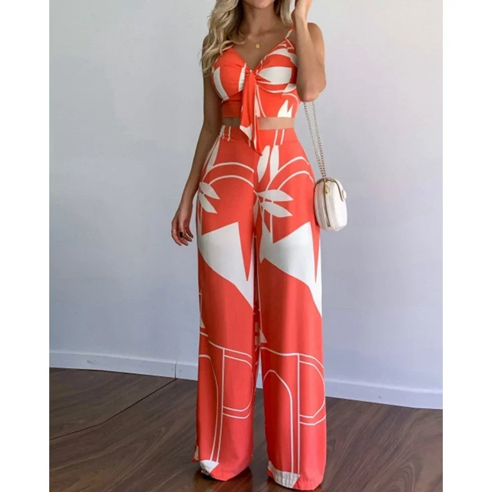 Women Tropical Print Spaghetti Strap Casual Lace up Back Top &High Waist Pants Set 2 Pieces Sets