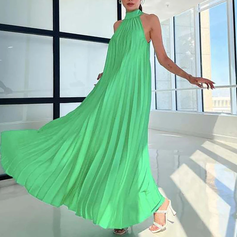New 2025 Elegant Solid Swing Loose Party Dress Spring Female Halter Slim Banquet Long Dress Women Sexy Off Shoulder Gala Dress