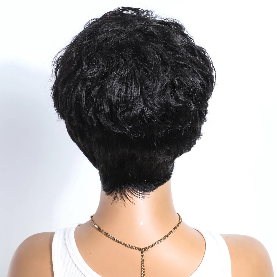 Natural Black Short Pixie Cut Curly 100% Human Hair Wig For Women Brazilian Remy Hair Colored Side Part Full Machine Wigs
