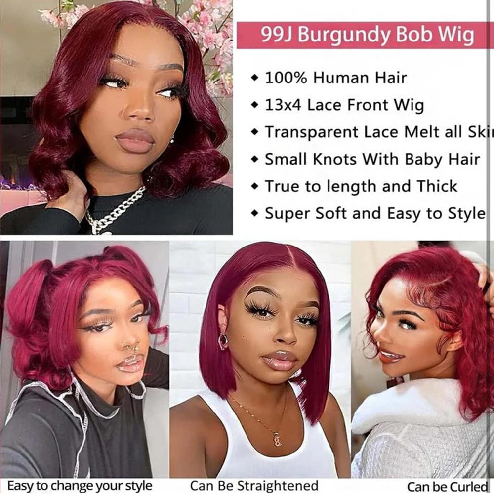 Hair 13*4 Straight Bob Wigs 100% Human Hair 99J Burgundy Color Glueless Bob Wig Bob Wig Brazilian Straight Lace Front Human Hair