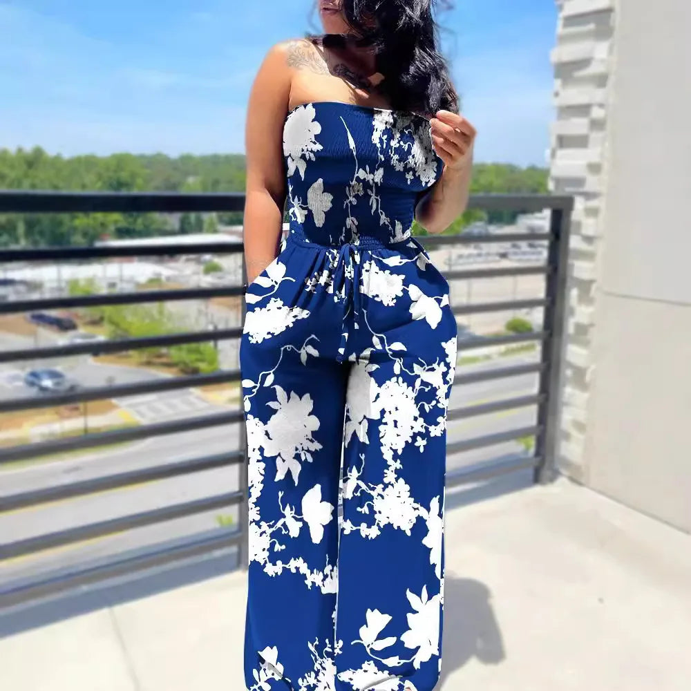 Women's casual Sleeveless Tight Polka Dot Printing Jumpsuits Elegant And Fashionable Off Shoulder pleated Long pants Rompers