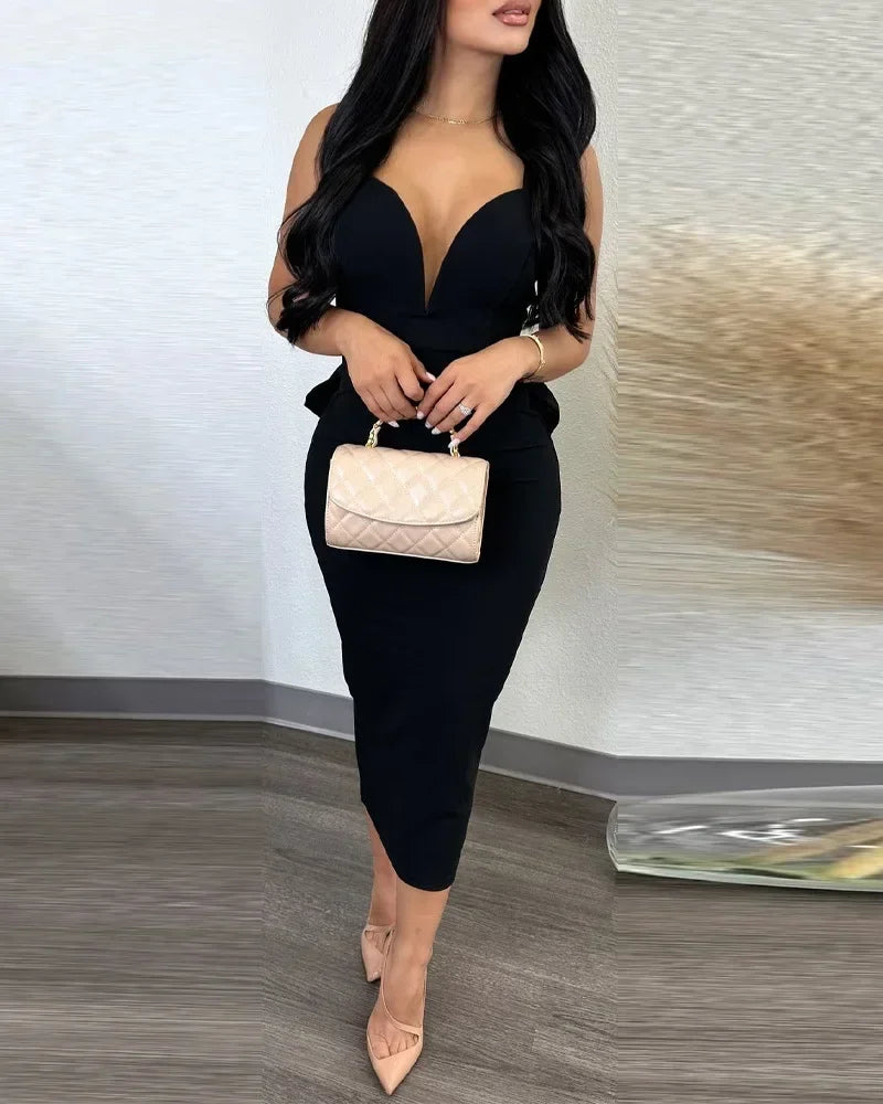 Party Dresses Women Plunging V-neck Sleeveless Backless Bowknot Ruffles Back Bodycon Midi Dress