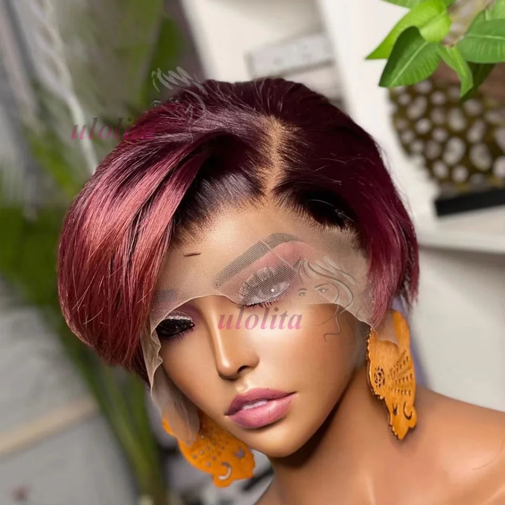 13x4 Short Bob Wig 100% Human Hair Wig Pixie Cut Colored 99J straight Lace Frontal Human Hair Wigs for Women 180% Density