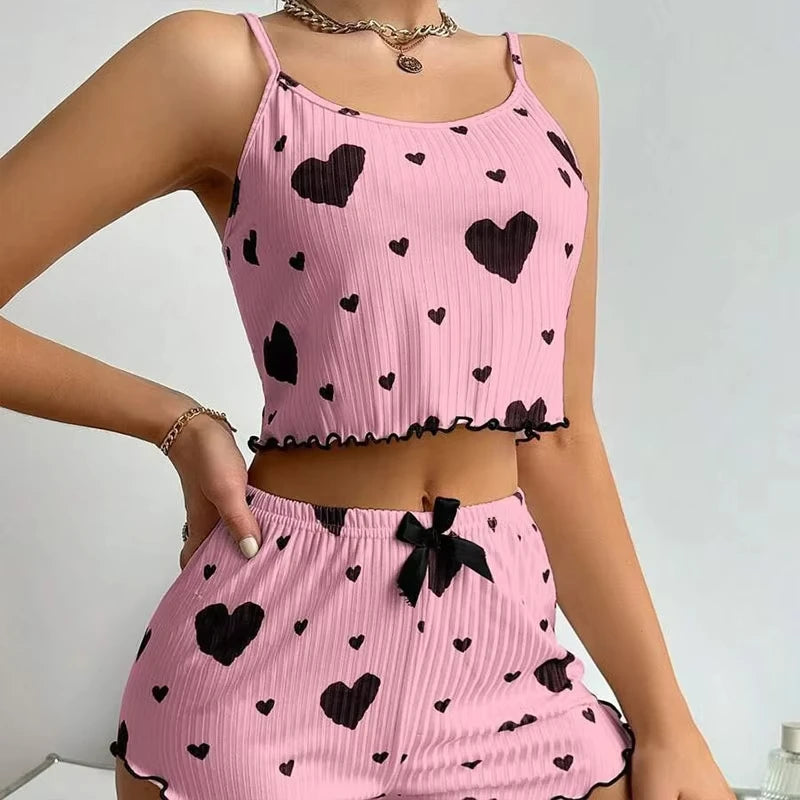 Women's Pajama Set Breathable Soft Casual Love Printed Design Sweet Home Strap Shorts Pajamas
