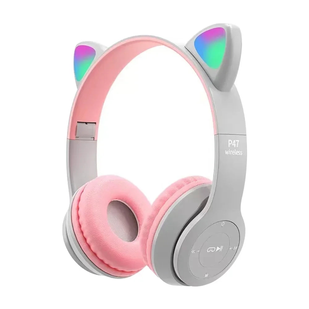 Kids Headphones,Cute Cat Ear LED Light up Bluetooth 5.0 Compatible Headset with Led Wireless Headset Stereo Folding Sports Headset with Microphone