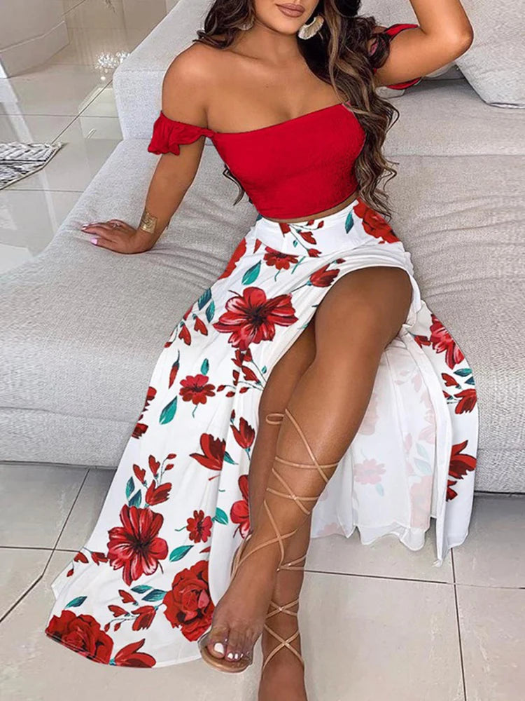 Summer Fashion Sets For Women 2 Pieces Solid Pleated Tops & Floral Print High Waist Midi Skirt Chic Lady Long Skirts Set