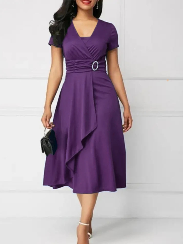 Women Elegant Dress Solid Color Short Sleeve V Neck Midi Dresses