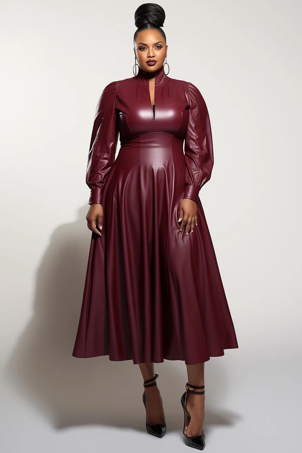 Plus Size Cocktail Party Burgundy Mock Neck Lantern Sleeve Long Sleeve PU Leather Midi Dresses