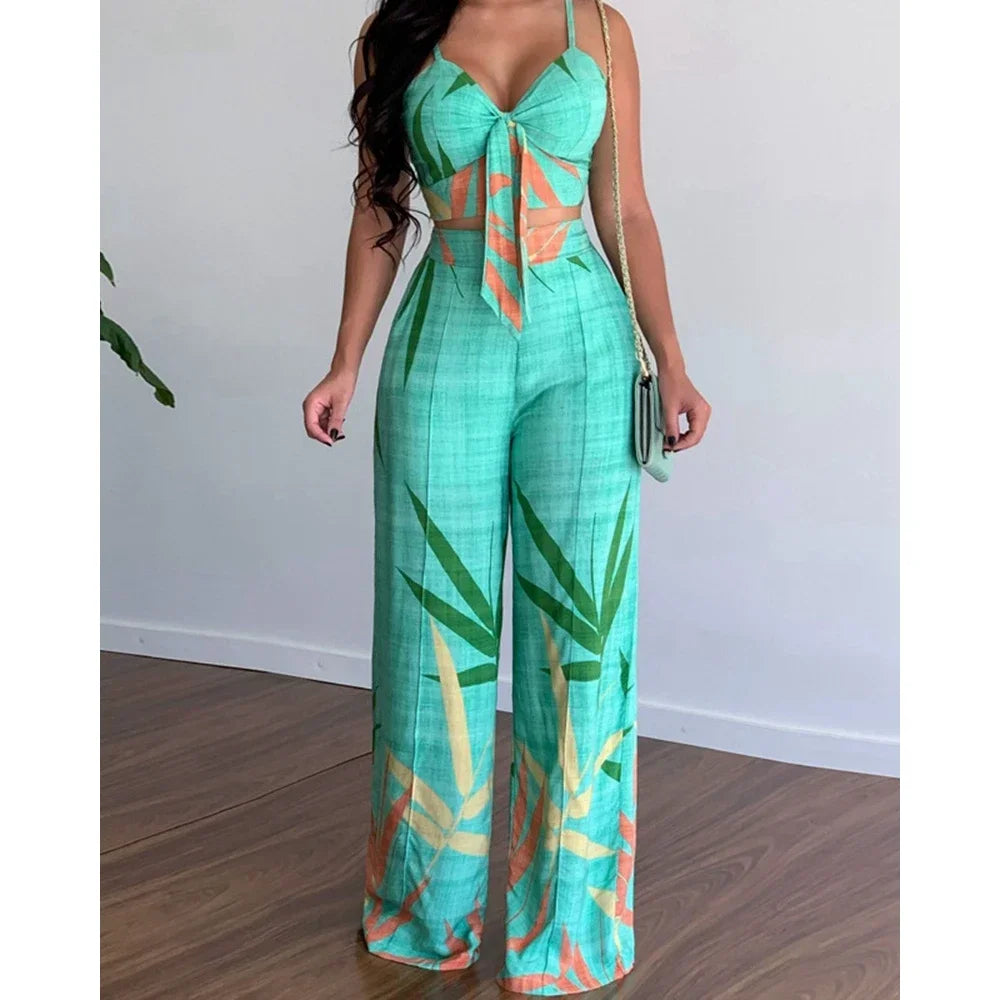 Women Tropical Print Spaghetti Strap Casual Lace up Back Top &High Waist Pants Set 2 Pieces Sets