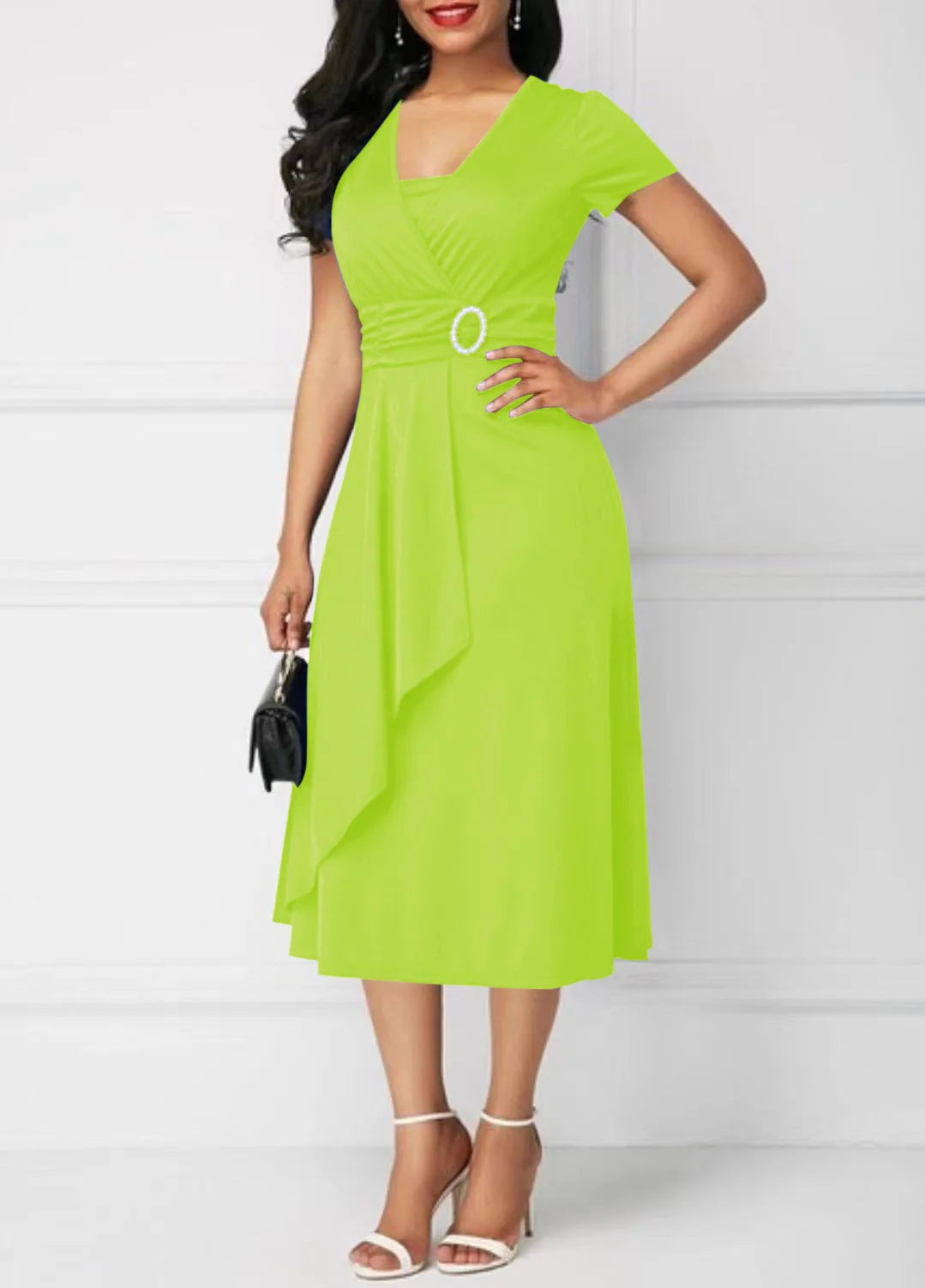 Women Elegant Dress Solid Color Short Sleeve V Neck Midi Dresses