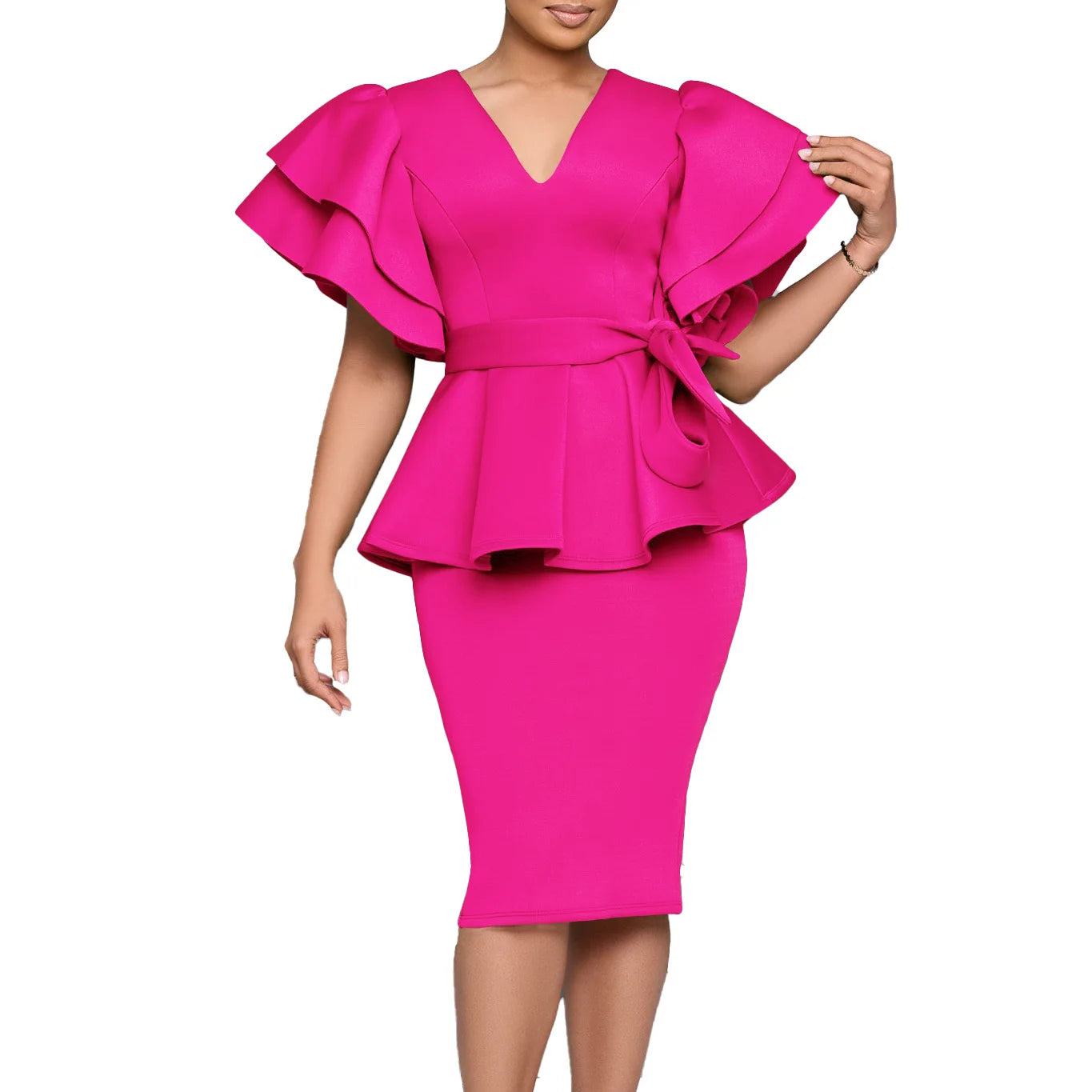 Women Short Sleeve V-neck Belt High Waist Midi Dress For Work Evening Dresses