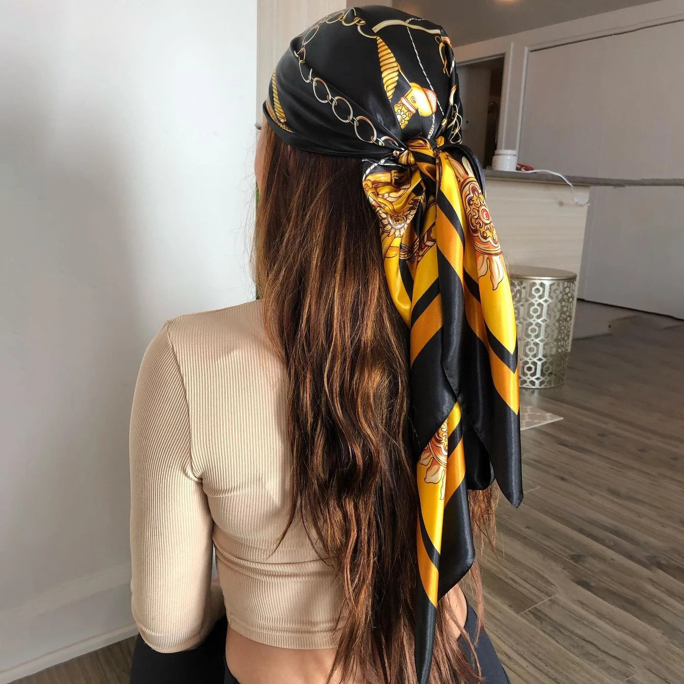 Large Hijab Scarves For Women Fashion Print Silk Satin Scarf 90cmx90cm Luxury Brand Square Shawls Head Scarfs For Ladies