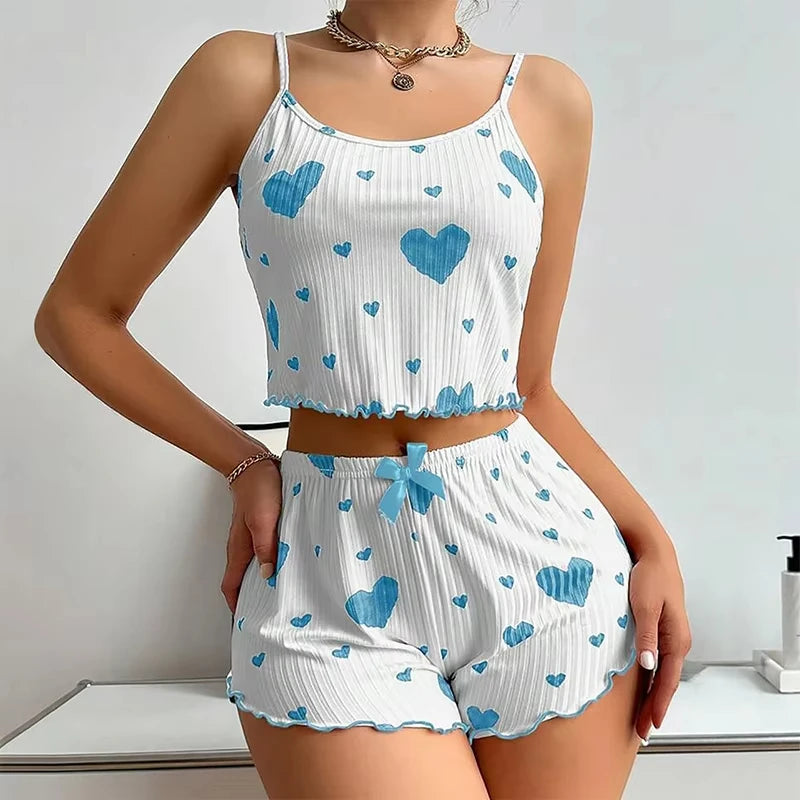 Women's Pajama Set Breathable Soft Casual Love Printed Design Sweet Home Strap Shorts Pajamas