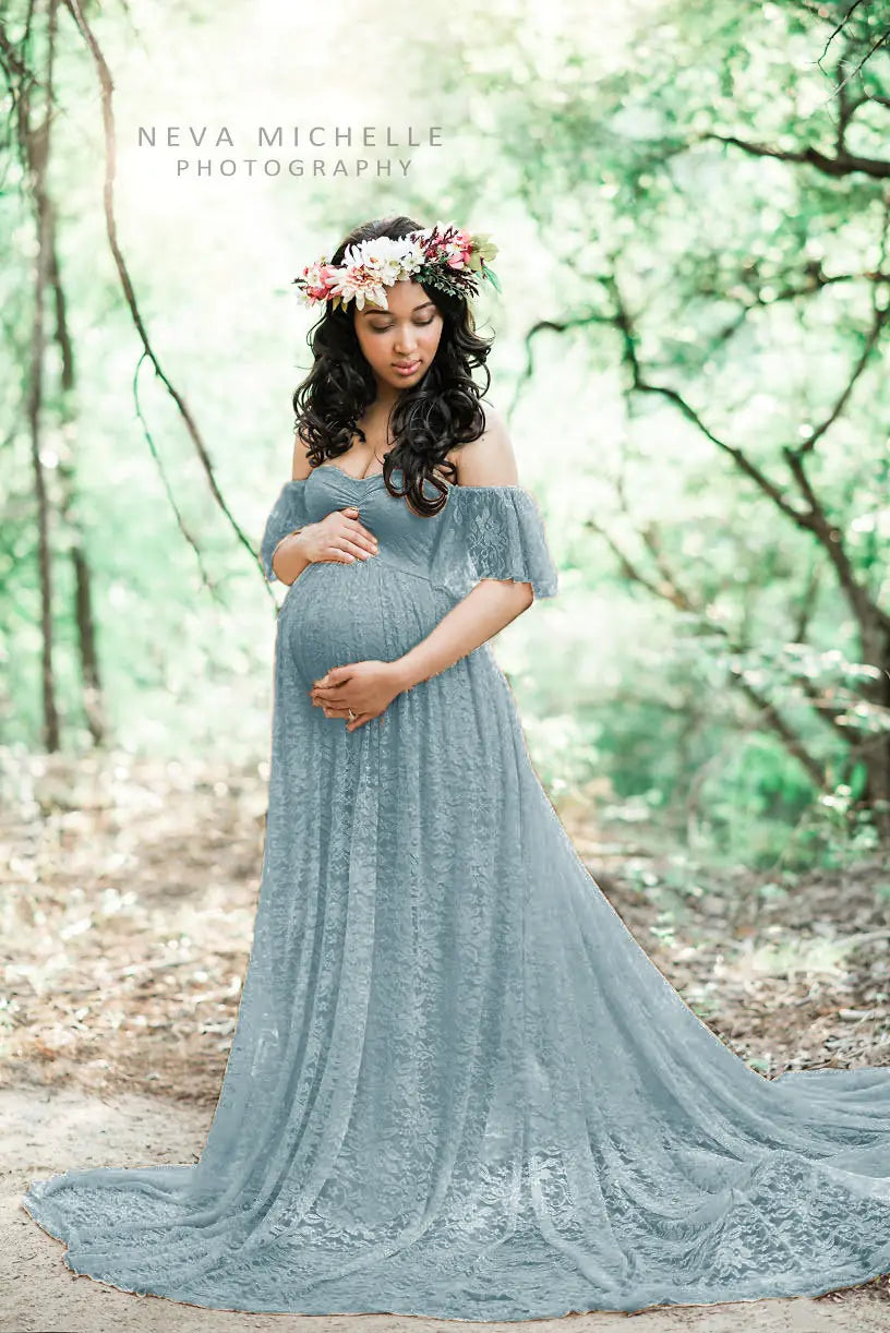Lace Maternity Maxi Dress with Flutter Sleeves