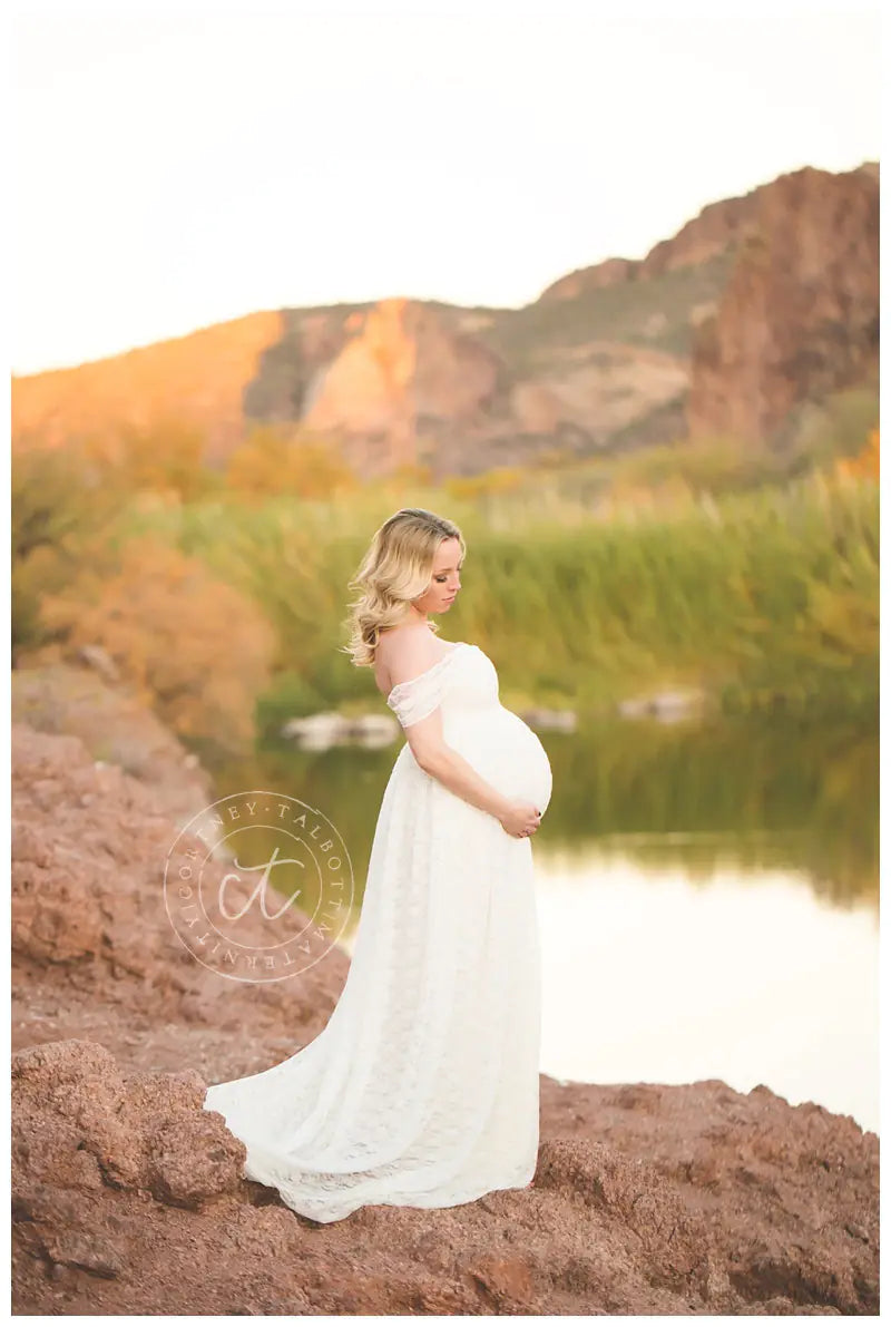 Lace Maternity Maxi Dress with Flutter Sleeves