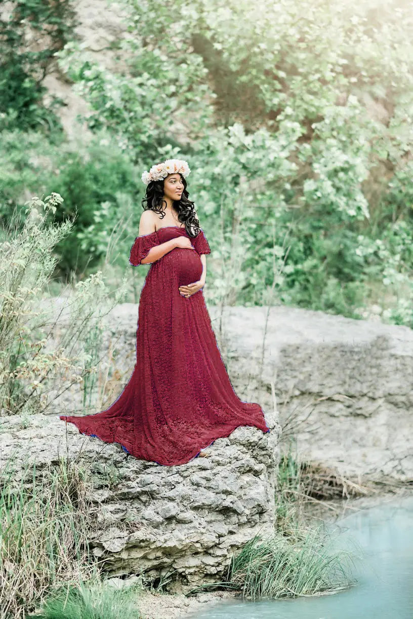 Lace Maternity Maxi Dress with Flutter Sleeves