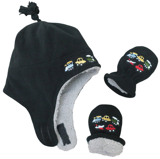 NIce Caps Toddler Baby Winter Hat Mitten Set Kids Boys Girls Gloves Fleece Sherpa Lined (3-12 Months Black Trucks Embroidery - Infant)