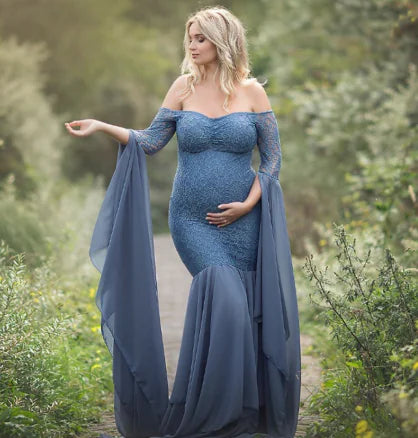 Lace-Trimmed Long Sleeve Maternity Dress for Women