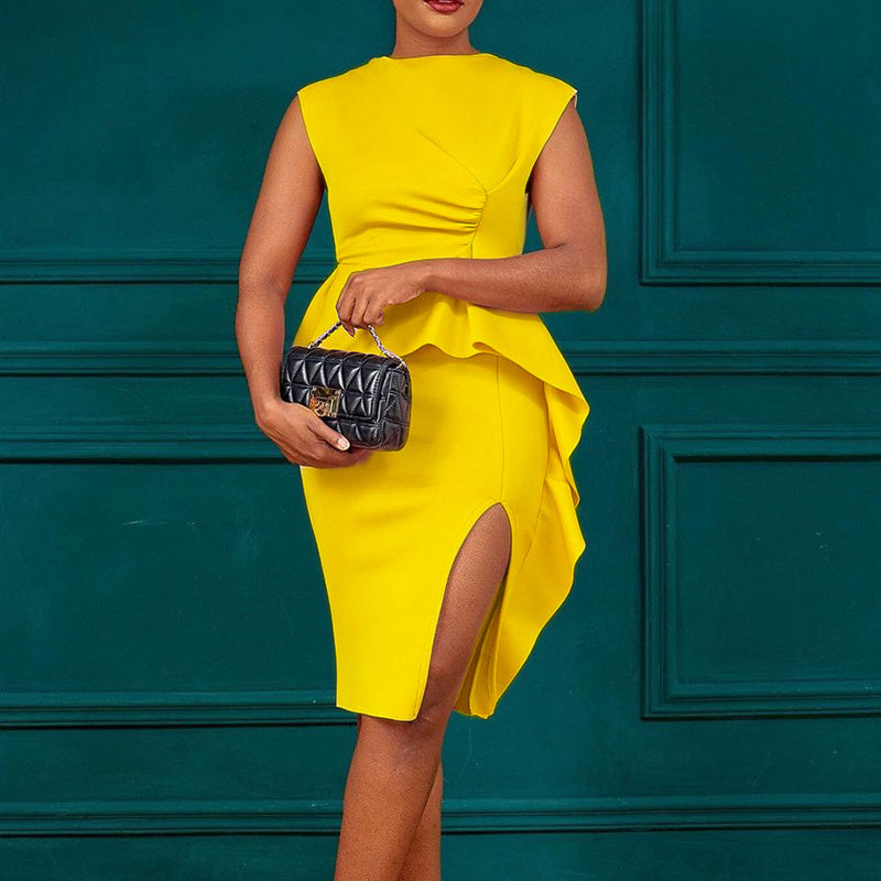 Women's Elegant Ruffle Sleeveless Bodycon Formal Party Cocktail Pencil Midi Dress