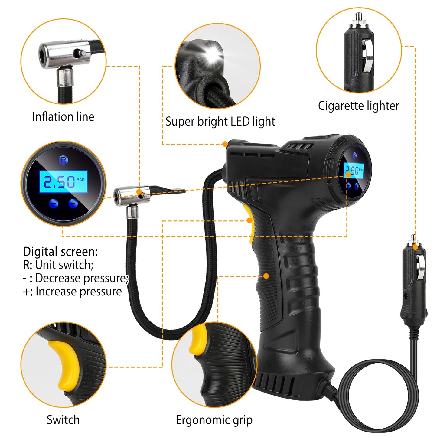 Portable Car Tire Inflator DC 12V Digital Car Air Compressor Electric Air Inflator With LED Light 150PSI