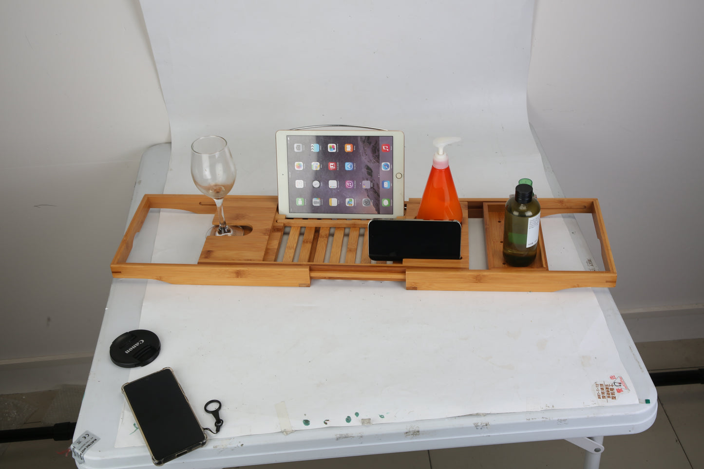 1Pc Bathtub Caddy Tray Crafted Bamboo Bath Tray Table Extendable Reading Rack Tablet Phone Holder Wine Glass Holder Shelf Desk Bathroom Spa