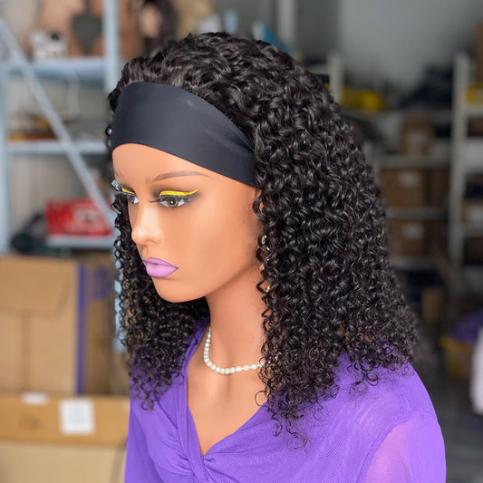 Headband Afro Kinky Curly Wigs For Women 200% Density Soft Human Hair Headband Wigs Easy To Wear No Glue Half Wig Natural Black Wig With Headband Attached Machine Made Non Lace Front Wigs (16-18inch) Beginner Best Cho