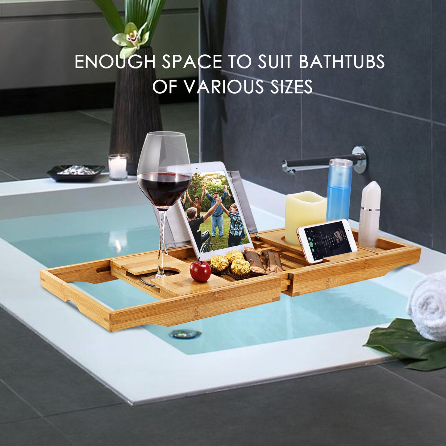 1Pc Bathtub Caddy Tray Crafted Bamboo Bath Tray Table Extendable Reading Rack Tablet Phone Holder Wine Glass Holder Shelf Desk Bathroom Spa