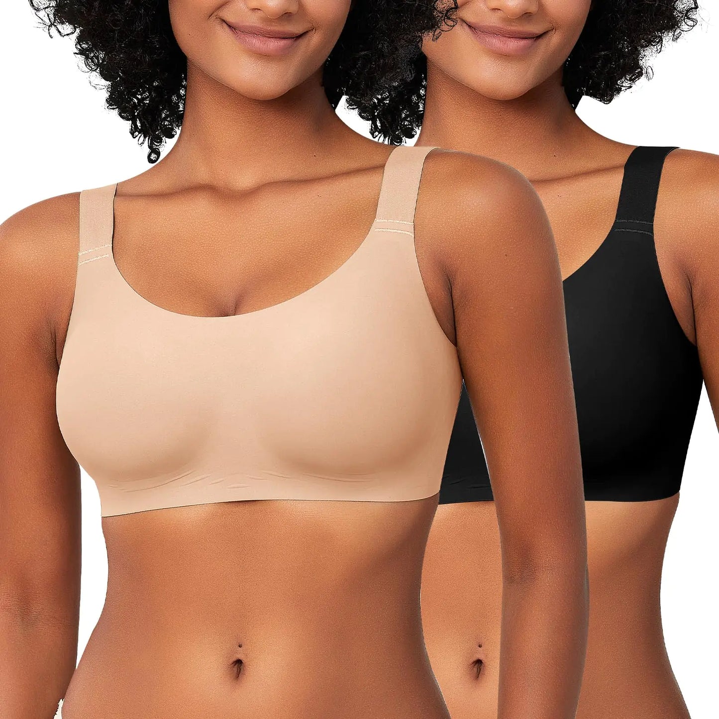 Bras for Women No Underwire Seamless Adjustable Full Coverage Smooth Bralette Wireless Comfort Everyday Bra(Black+NudeXL)