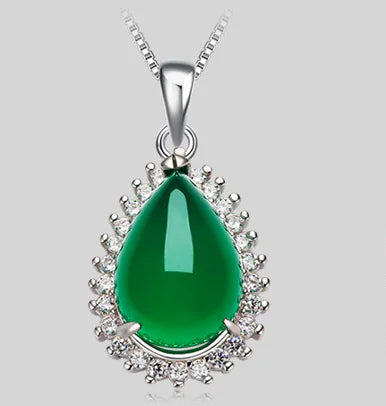 Green Agate Silver Pendant, Vintage 925 Necklace