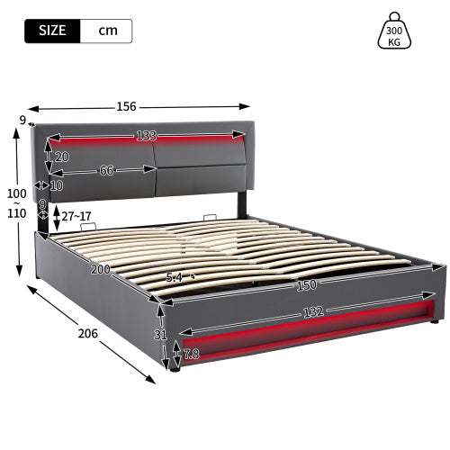 Upholstered Bed 150 X 200 Cm, King Size Bed-5ft,with USB Port Supports Wireless And Wired Charging, With LED Lighting And Storage Space, Without Mattress, PU Lychee Pattern, Grey