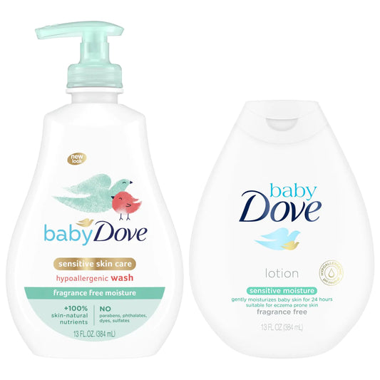Dove Baby Sensitive Skin Care Bundle – Hypoallergenic Wash & Baby Lotion Fragrance Free Moisture Baby Gift Set 13 Oz Ea (2 Piece Set)