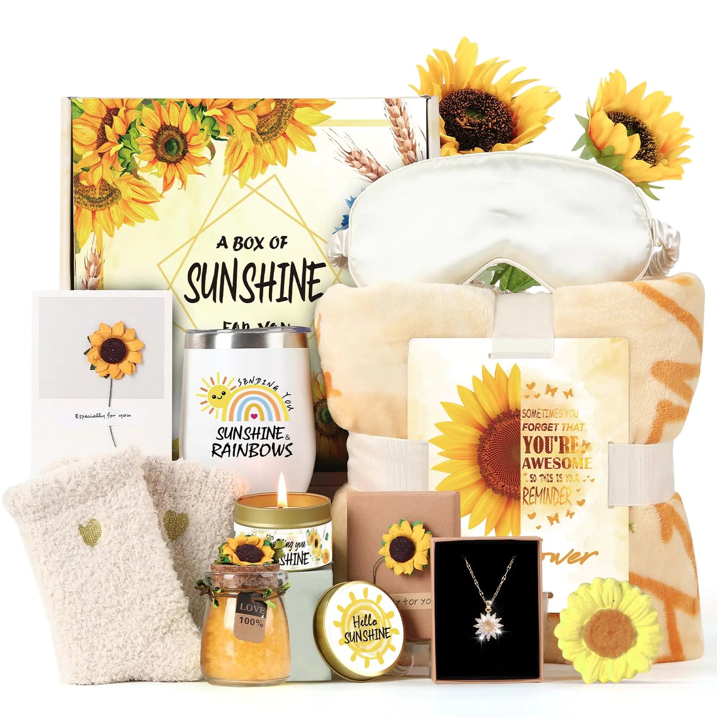 Sending Sunshine Gift Sunflower Gifts for Women Birthday Gifts Box Care Package Get Well Soon Gifts Basket Thinking of You Gift for Women Friend Sister Mom with Inspirational Blanket