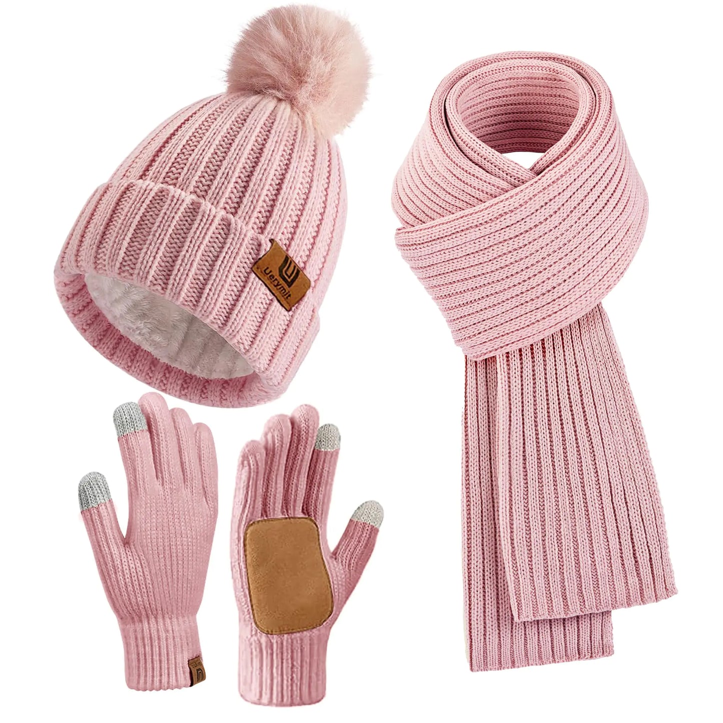 Winter Beanie Hat Scarf Gloves Set Gifts for Women Fleece Lined Classic Beanie with Pom Pom Long Scarf Touchscreen Gloves 3 Set Pink