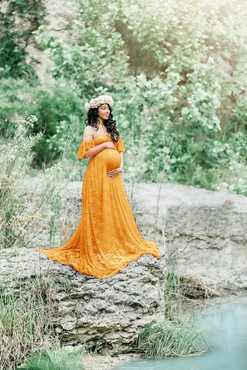 Lace Maternity Maxi Dress with Flutter Sleeves