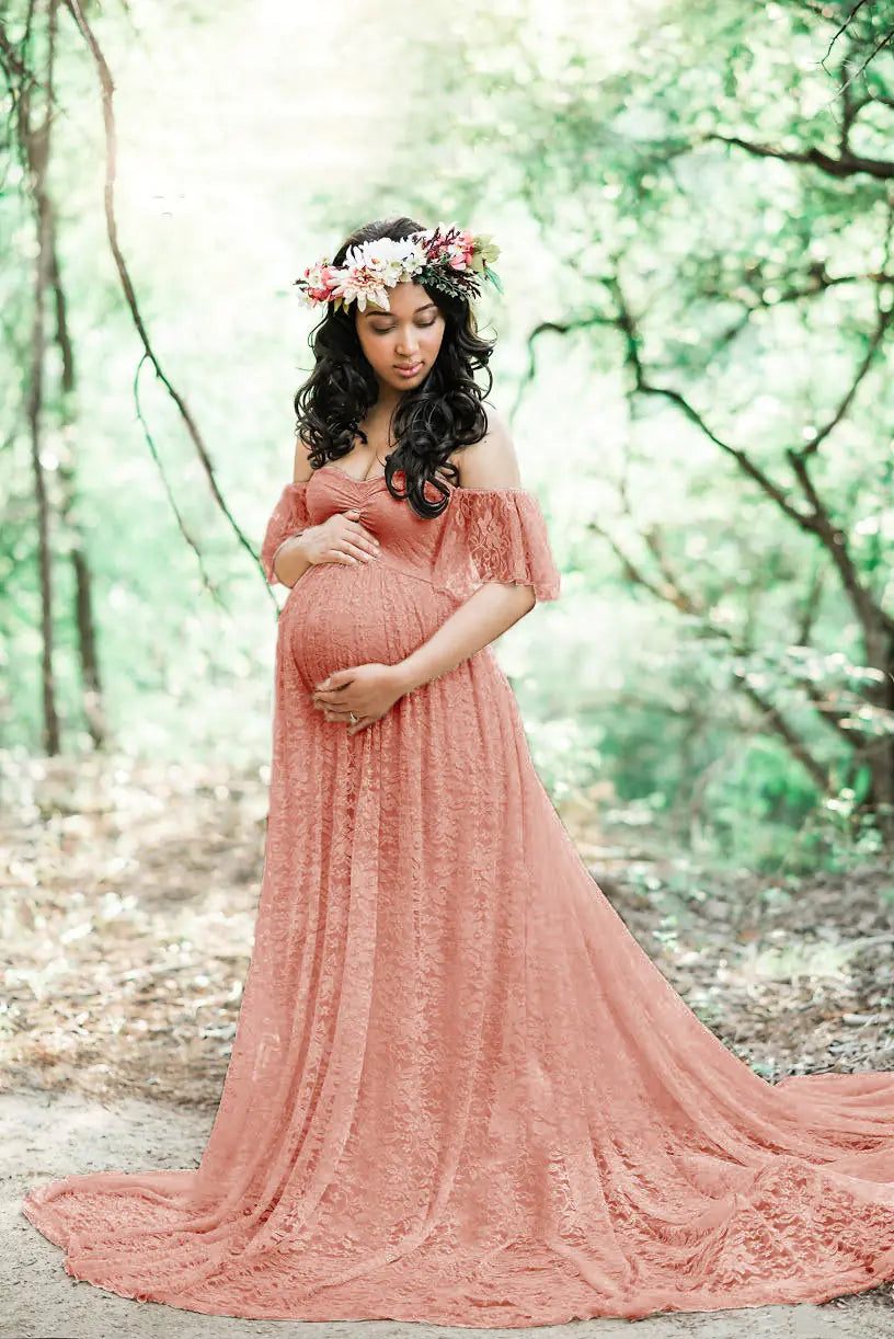 Lace Maternity Maxi Dress with Flutter Sleeves