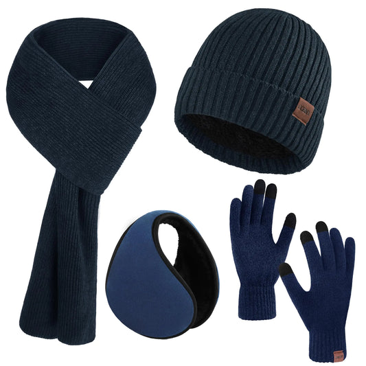 Aneco Winter Beanie Hat Set for Men 4 Pieces Knit Glove Scarf Beanie Hat Earmuffs Set for Men Women