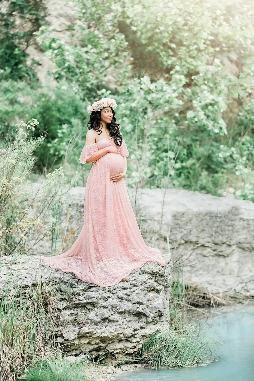 Lace Maternity Maxi Dress with Flutter Sleeves