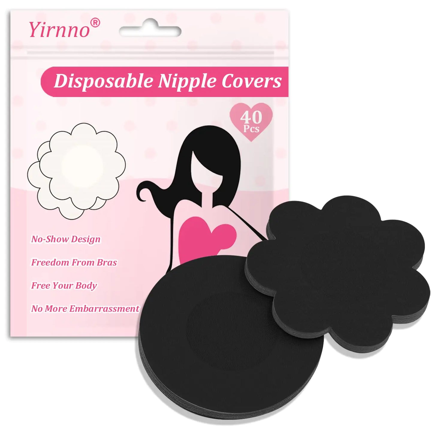 Yirnno 40 Pcs Pasties Nipple Covers For Women Disposable No-Show Hypoallergenic Nipple Pasties Satin Breast Petals Stickers (Black Standard)